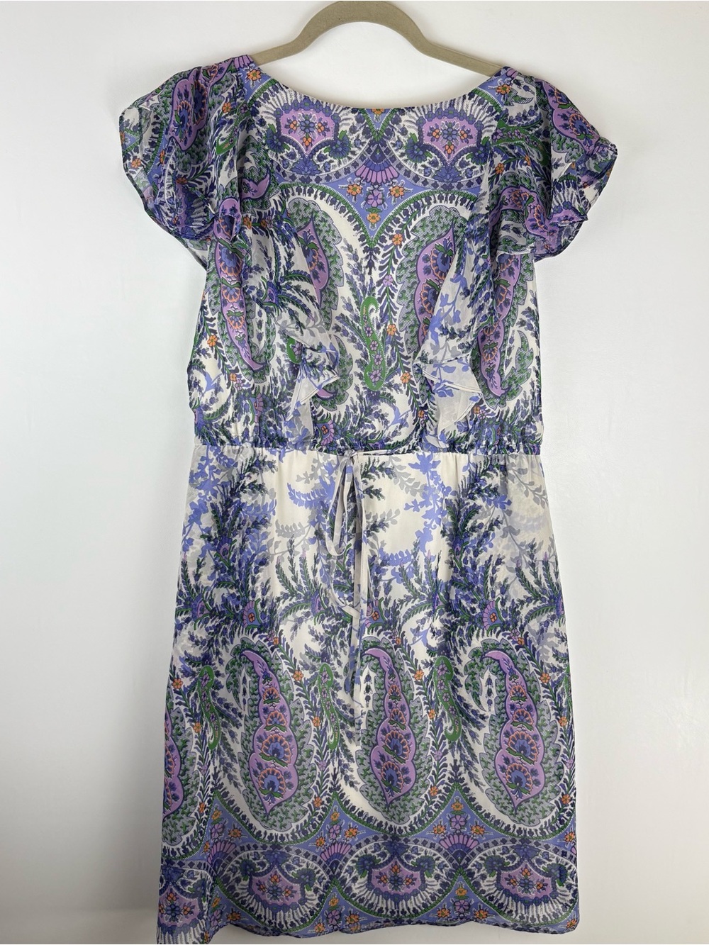 ADRIANNA PAPELL Size 8 Floral Chiffon Midi Dress Ruffle Sleeves Elastic Purple